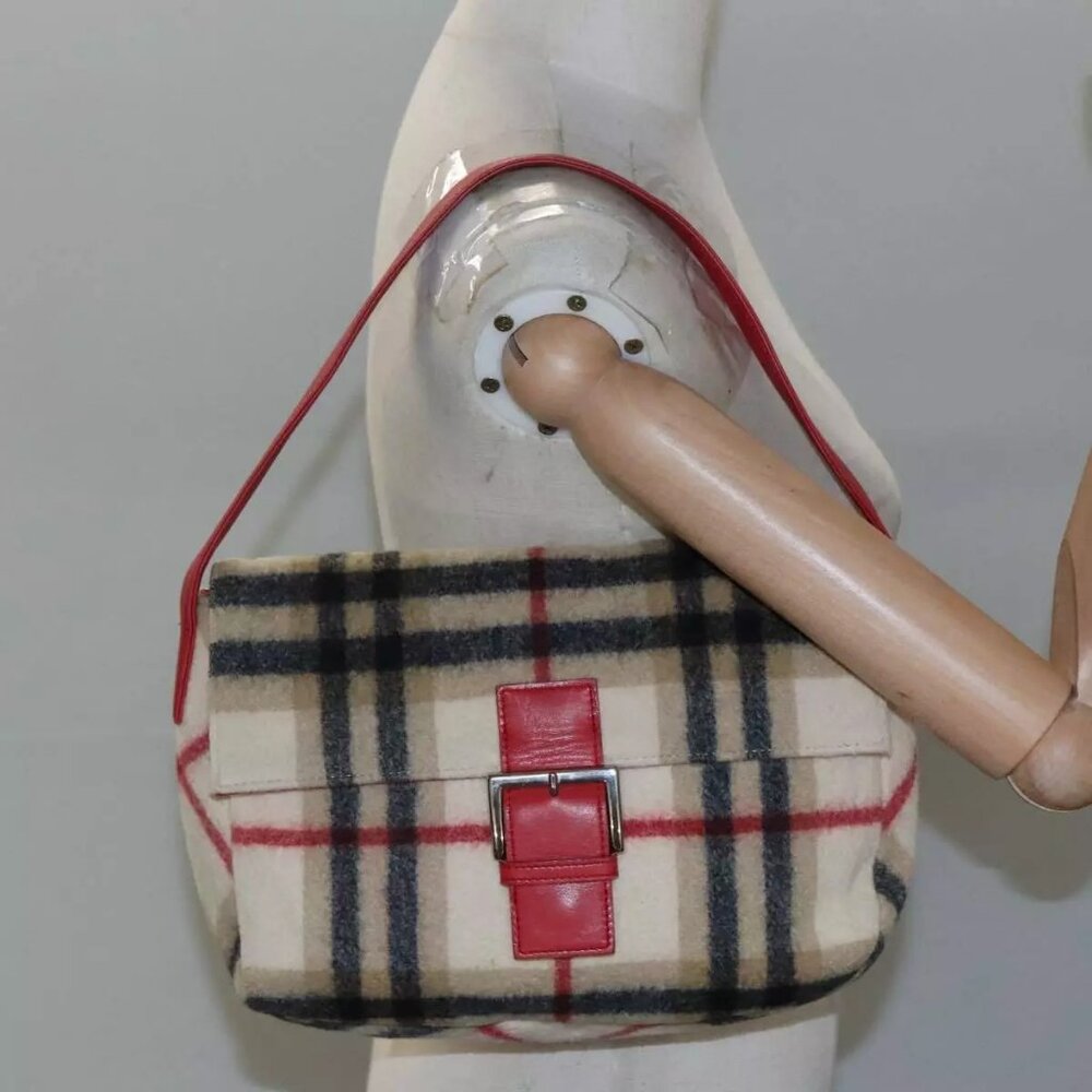 Burberrys Nova Check Blue Label Shoulder Bag Wool Beige Red Silver Auth - Picture 15 of 16